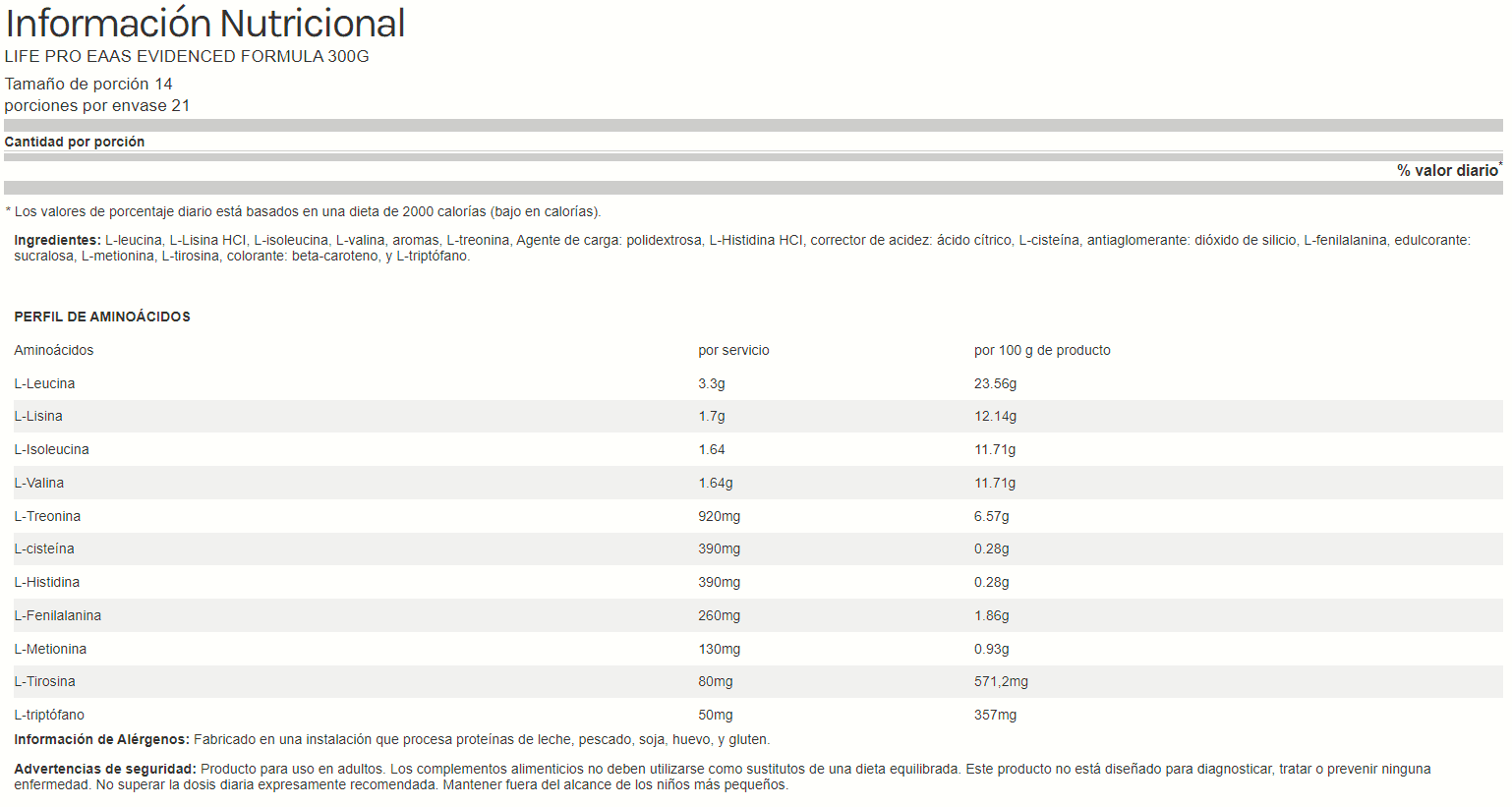 Life Pro EAA Evidenced Formula 300g 1 infoEAAs
